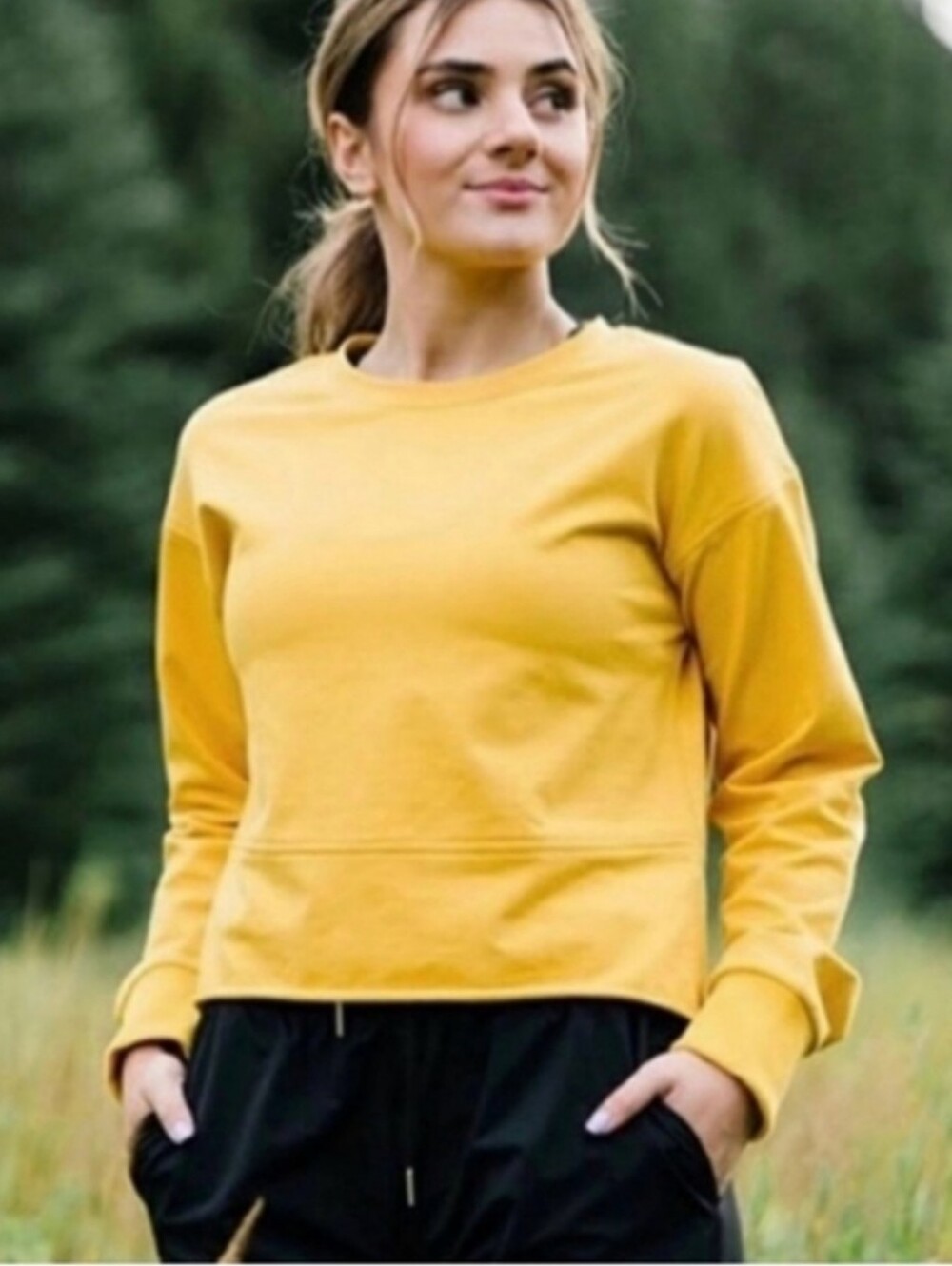 ZYIA Active Pullover Cropped Crewneck Sweatshirt Mustard Yellow Size XL